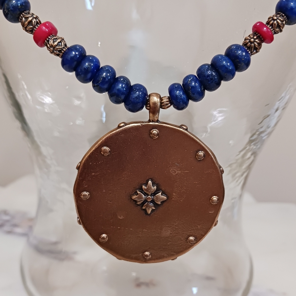 Patricia Nash Positano Beaded Ceramic Pendant Necklace Coral & Lapis - Picture 7 of 10